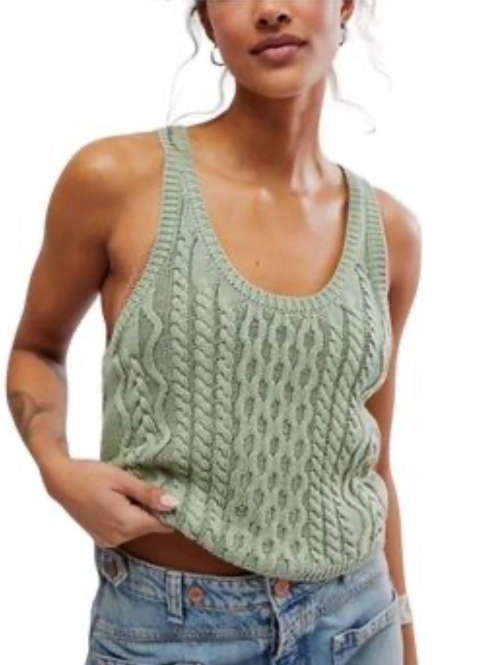 NWT Free People HIGH TIDE Cable Knit Tank 100% Cotton Sage Green Size Medium